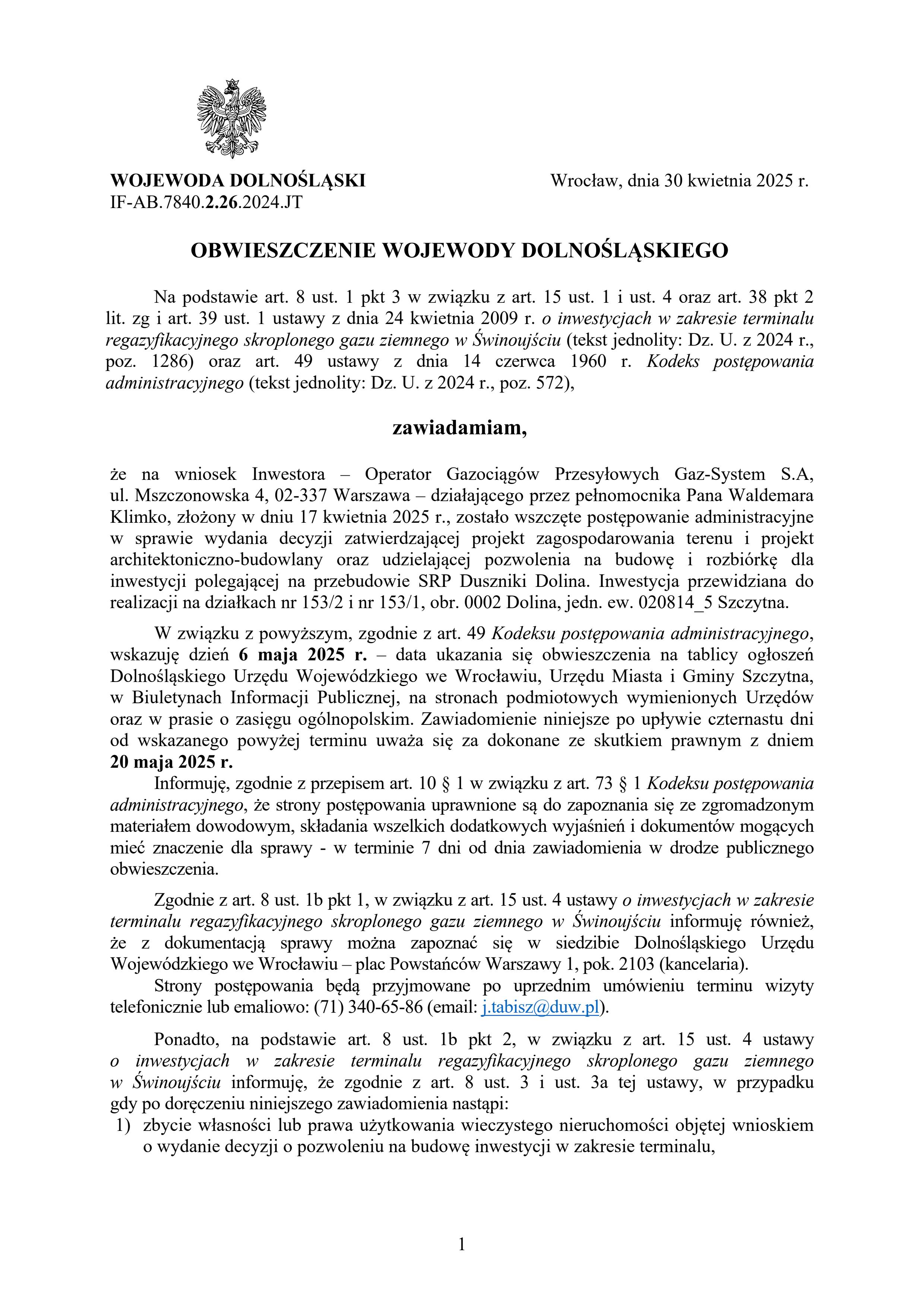 obwieszczenie wojewody rurociągi