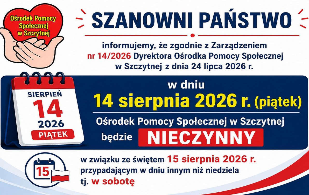 Organizacja pracy OPS w&nbsp;Szczytnej w&nbsp;dniu 14.08.2026 r.