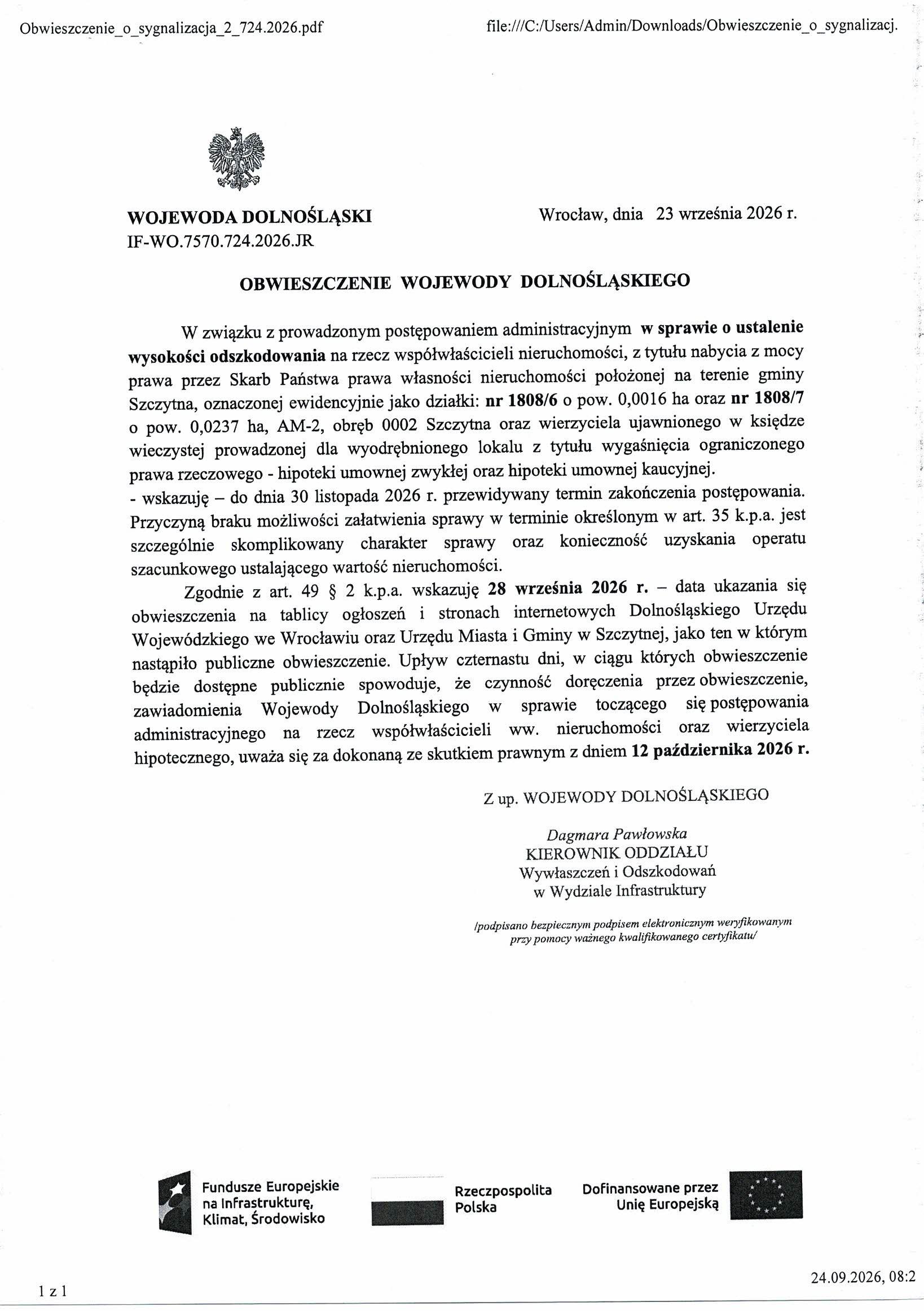 Obwieszczenie Wojewody Dolnośląskiego nr IF-WO.7570.724.2026.JR
