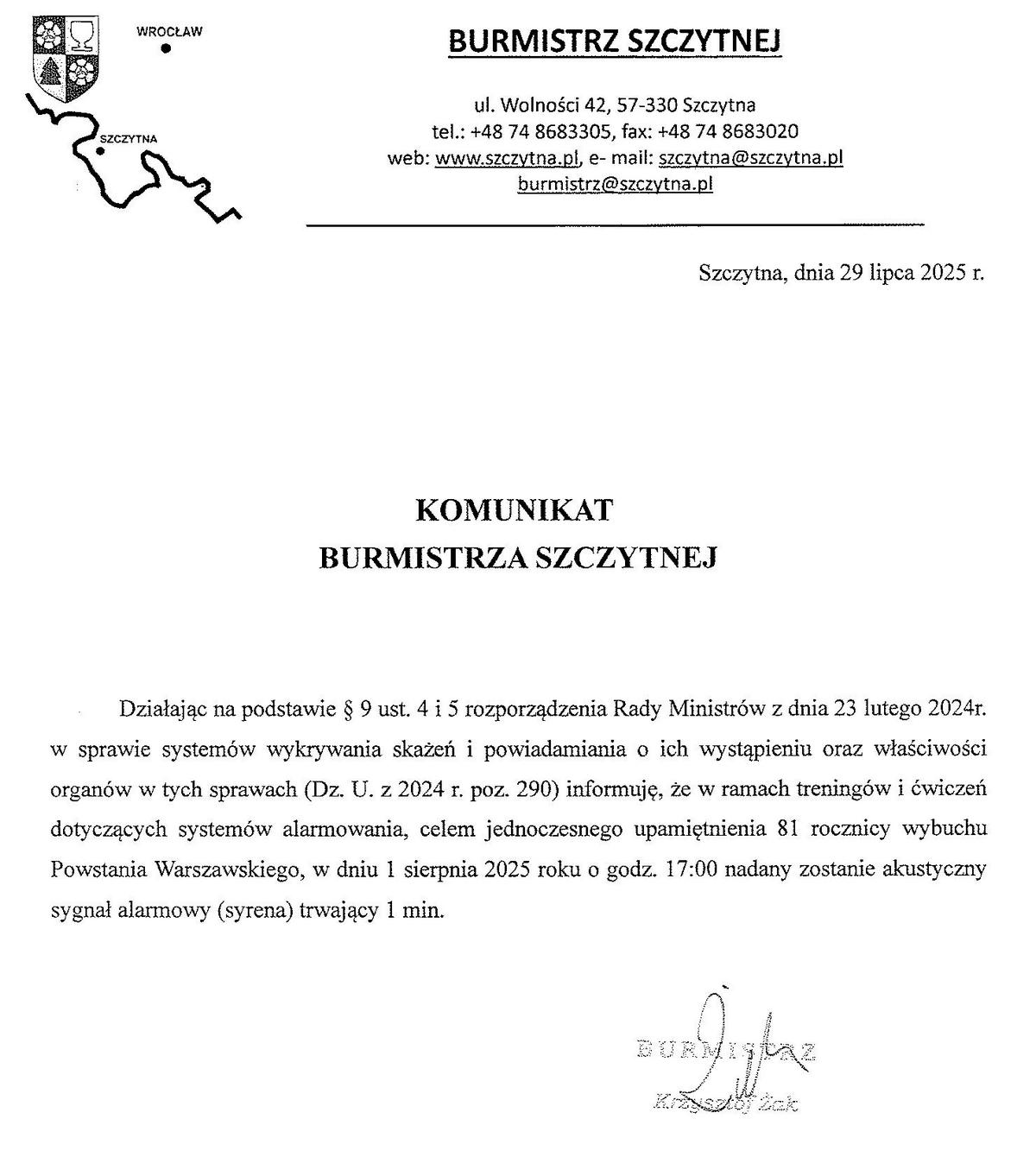 Komunikat Burmmistrza Szczytnej w sprawie treningu systemu wczesnego ostrzegania i alarmowania