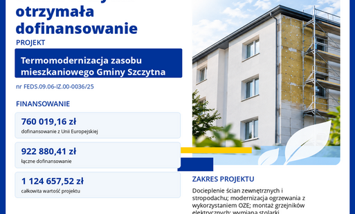 Zdjęcie do  &bdquo;Termomodernizacja zasobu mieszkaniowego Gminy Szczytna&rdquo; nr FEDS.09.06-IZ.00-0036/25 w ramach Priorytetu nr 9 &bdquo;Fundusze Europejskie na rzecz transformacji obszar&oacute;w g&oacute;rniczych na Dolnym Śląsku&rdquo; Działanie nr 9.6 &bdquo;Transformacja środowiskowa &ndash; ZIT&rdquo; 