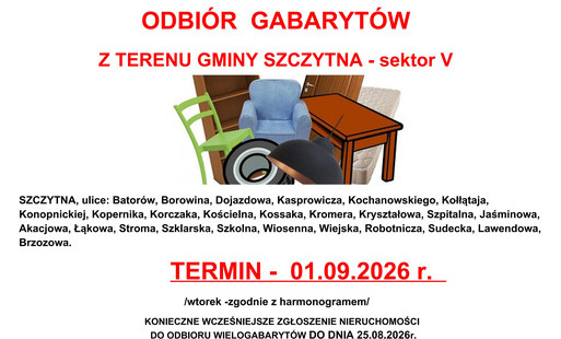 Zdjęcie do ODBI&Oacute;R GABARYT&Oacute;W Z TERENU GMINY SZCZYTNA - sektor V (01.09.2026 r.)