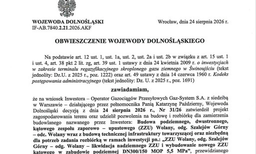 Zdjęcie do Obwieszczenie IF-AB.7840.2.21.2026.AKF Wojewody Dolnośląskiego o&nbsp;zatwierdzeniu projektu zagospodarowania terenu oraz&nbsp;udzieleniu pozwolenia na&nbsp;budowę i&nbsp;rozbi&oacute;rkę dla zamierzenia budowalnego "Budowa podziemnego dwustronnego, kątowego zespołu zaporowo-upustowego (ZZU), Wolany, odg. Szalej&oacute;w G&oacute;rny &mdash; odc. Wolany wraz z&nbsp;budową technicznej infrastruktury towarzyszącej." oraz&nbsp;niezbędną dla potrzeb zadania rozbi&oacute;rkę w&nbsp;ramach inwestycji "ZZU Wolany, odg. Szalej&oacute;w G&oacute;rny - odg. Wolany&nbsp; - likwidacja nadziemnego ZZU i&nbsp;wy