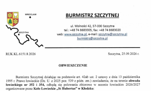 Zdjęcie do Obwieszczenie o polowaniu zbiorowym w sezonie łowieckim 2025/2026 organizowanym przez Koło Łowieckie &bdquo;St Hubertus&rdquo; w Kłodzku na terenie obwodu łowieckiego nr 352 i 354