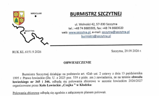 Zdjęcie do Obwieszczenie o polowaniu zbiorowym w sezonie łowieckim 2025/2026 organizowanym przez Koło Łowieckie &bdquo;Czajka&rdquo; w Kłodzku na terenie obwodu łowieckiego nr 345 i 346